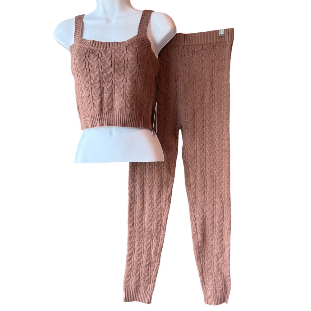 Iris Cable Knit‎ Set Crop Tank High Rise Pants Brown Lounge Set Size Medium NWT